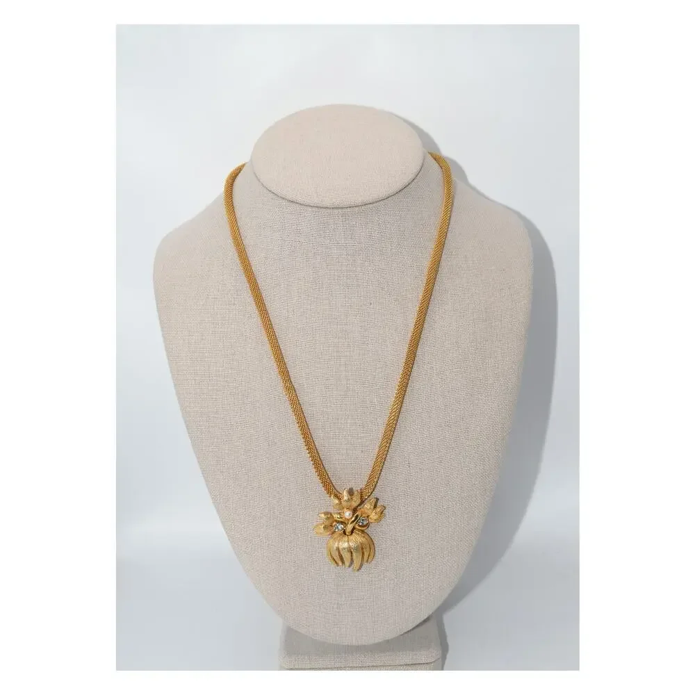 Vintage Gold Tone Floral Mesh Pendant Necklace Faux Pearl Rhinestones